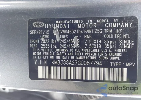 2016 Hyundai Tucson Limited z USA, uszkodzony, nr VIN KM8J33A27GU087794